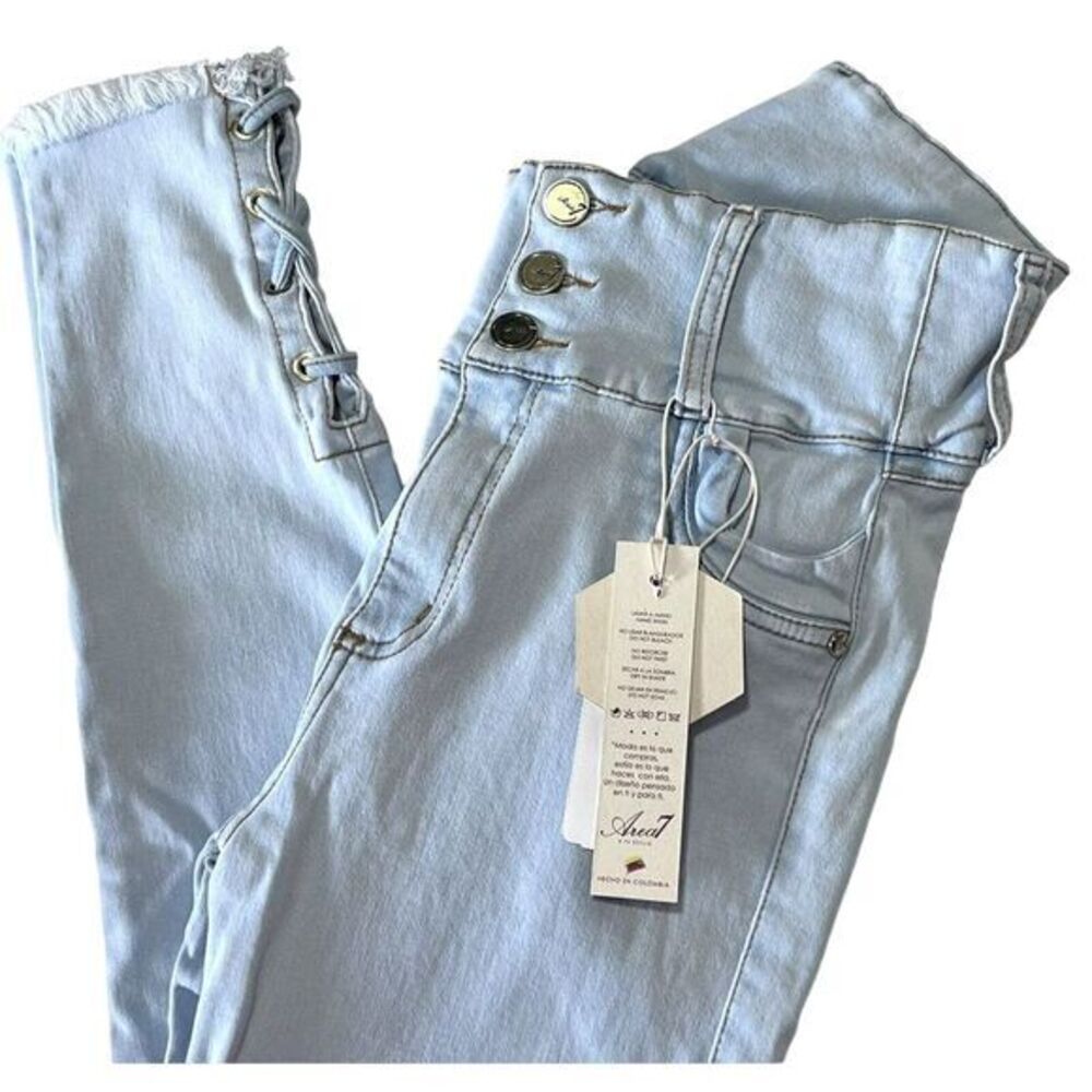 AREA 7 Women's Light Blue Skinny Stretch Jeans with‎ Braided Hem and Lift Effect